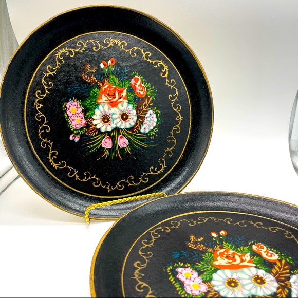 Vintage Handpainted Decorative Round Plates (4) Floral Colorful Black Gold Trim